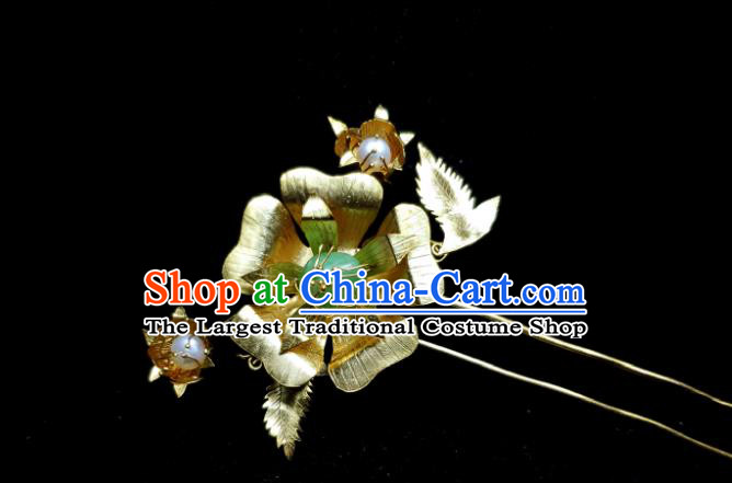 Chinese Ancient Imperial Consort Golden Peony Hairpin Traditional Qipao Dress Hair Accessories Handmade Qing Dynasty Court Woman Hair Stick