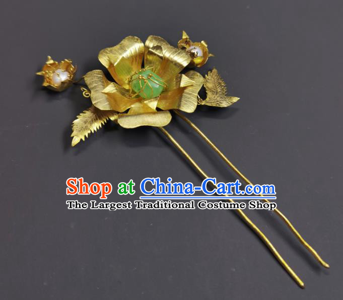 Chinese Ancient Imperial Consort Golden Peony Hairpin Traditional Qipao Dress Hair Accessories Handmade Qing Dynasty Court Woman Hair Stick