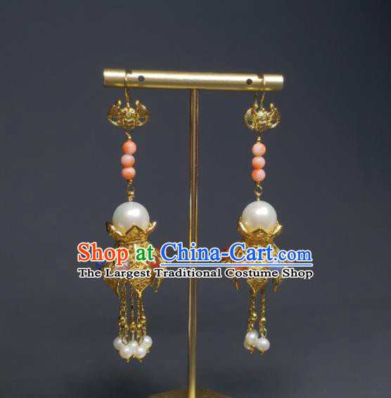 Handmade Chinese Qing Dynasty Eardrop Golden Lotus Lantern Ear Accessories National Pearls Tassel Earrings Traditional Cheongsam Ear Jewelry