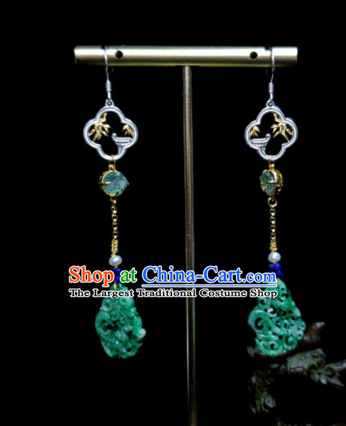 Handmade Chinese National Earrings Traditional Cheongsam Ear Jewelry Qing Dynasty Eardrop Jadeite Carving Ear Accessories