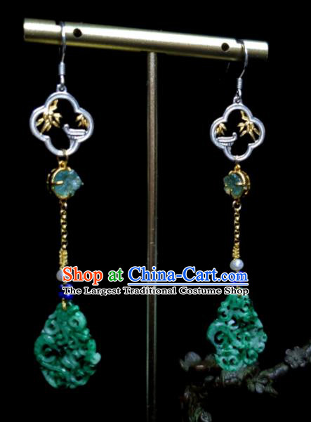 Handmade Chinese National Earrings Traditional Cheongsam Ear Jewelry Qing Dynasty Eardrop Jadeite Carving Ear Accessories