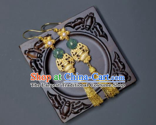 Handmade Chinese Golden Tassel Ear Accessories National Jadeite Earrings Traditional Cheongsam Ear Jewelry Qing Dynasty Eardrop