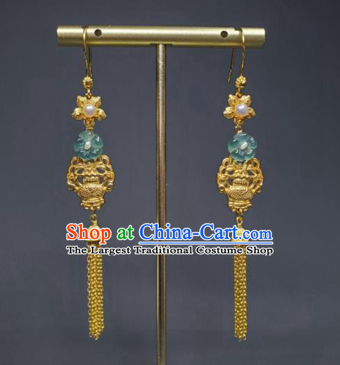 Handmade Chinese Golden Tassel Ear Accessories National Jadeite Earrings Traditional Cheongsam Ear Jewelry Qing Dynasty Eardrop