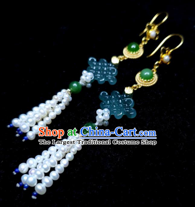 Handmade Chinese Qing Dynasty Eardrop Pearls Tassel Ear Accessories National Jadeite Earrings Traditional Cheongsam Ear Jewelry