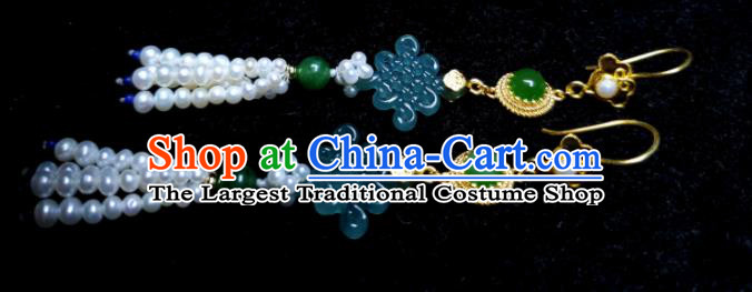 Handmade Chinese Qing Dynasty Eardrop Pearls Tassel Ear Accessories National Jadeite Earrings Traditional Cheongsam Ear Jewelry
