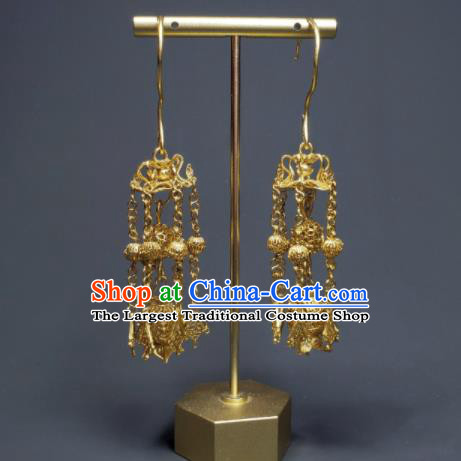 Handmade Chinese Traditional Ear Accessories National Golden Lantern Earrings Cheongsam Ear Jewelry Qing Dynasty Court Tassel Eardrop