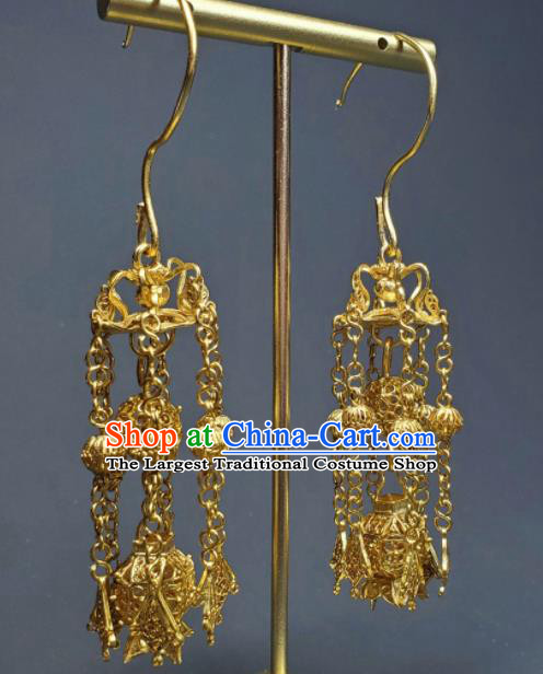 Handmade Chinese Traditional Ear Accessories National Golden Lantern Earrings Cheongsam Ear Jewelry Qing Dynasty Court Tassel Eardrop