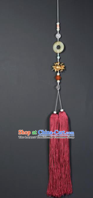 China Handmade Jade Ring Belt Jewelry Ancient Swordsman Wine Red Tassel Pendant Traditional Hanfu Waist Accessories