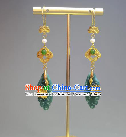 Handmade Chinese National Jadeite Earrings Cheongsam Ear Jewelry Golden Lotus Eardrop Traditional Silver Ear Accessories