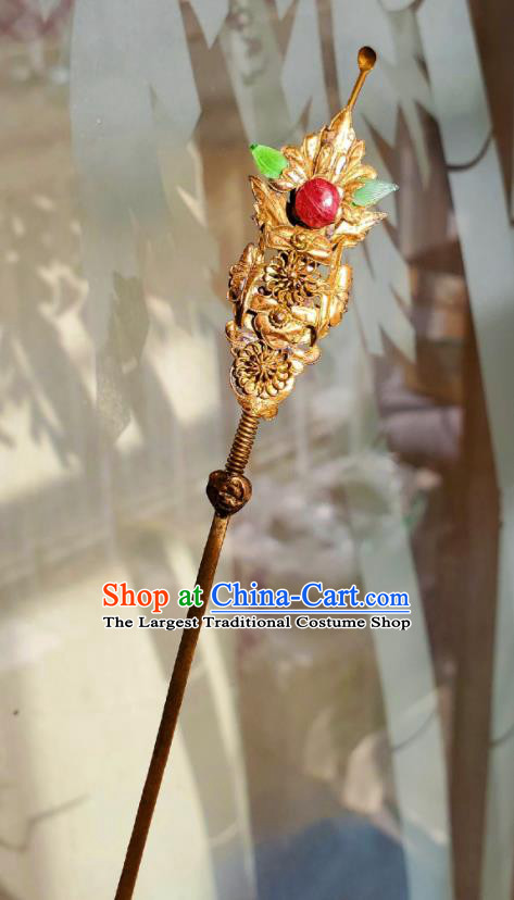 Chinese Ancient Empress Golden Hairpin Traditional Qipao Dress Headpiece Handmade Qing Dynasty Queen Ruby Hair Stick