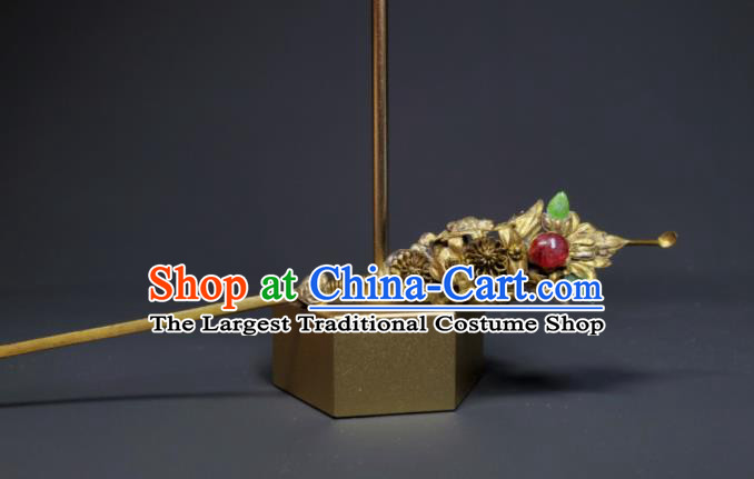 Chinese Ancient Empress Golden Hairpin Traditional Qipao Dress Headpiece Handmade Qing Dynasty Queen Ruby Hair Stick