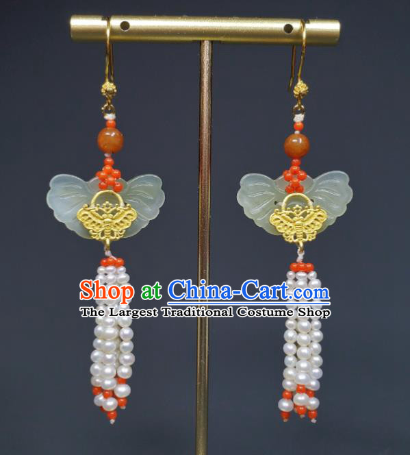Handmade Chinese Traditional Jade Butterfly Ear Accessories National Pearls Tassel Earrings Cheongsam Ear Jewelry Qing Dynasty Imperial Consort Eardrop