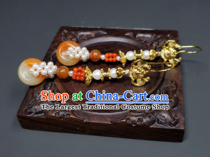 Handmade Chinese Qing Dynasty Court Eardrop Traditional Agate Ring Ear Accessories National Golden Bat Earrings Cheongsam Ear Jewelry