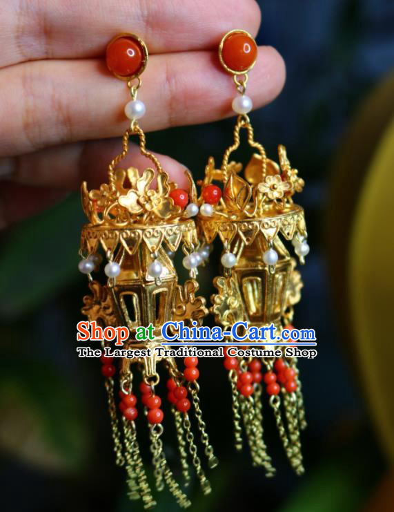Handmade Chinese National Golden Lantern Earrings Cheongsam Ear Jewelry Qing Dynasty Court Eardrop Traditional Silver Ear Accessories