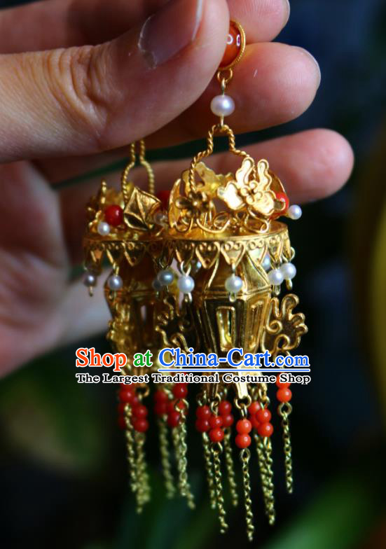 Handmade Chinese National Golden Lantern Earrings Cheongsam Ear Jewelry Qing Dynasty Court Eardrop Traditional Silver Ear Accessories