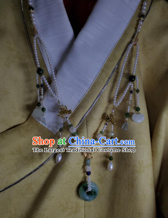 China Qing Dynasty Empress Jadeite Carving Necklet Handmade Pearls Tassel Jewelry Ancient Imperial Consort Necklace Accessories
