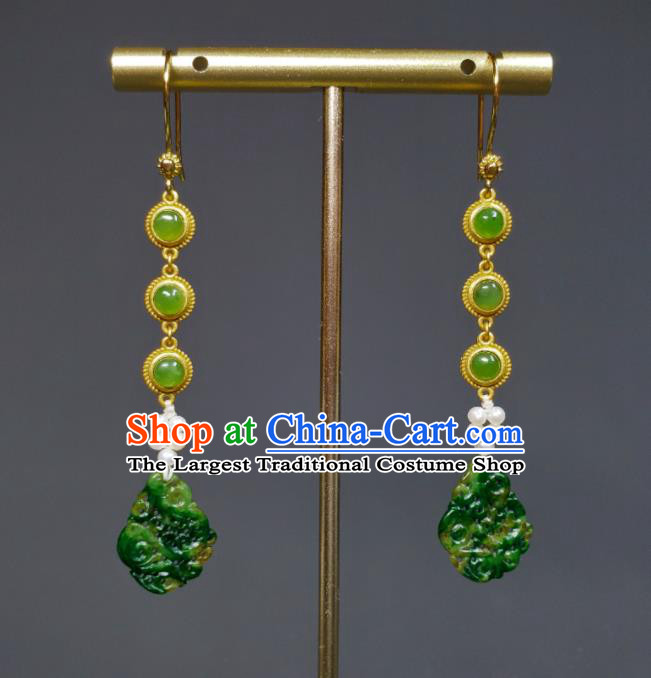 Handmade Chinese Traditional Ear Accessories National Jadeite Carving Earrings Cheongsam Ear Jewelry Silver Eardrop