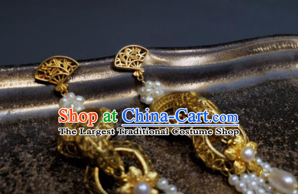 Handmade Chinese Cheongsam Ear Jewelry Qing Dynasty Empress Eardrop Traditional Pearls Tassel Ear Accessories National Golden Rings Earrings