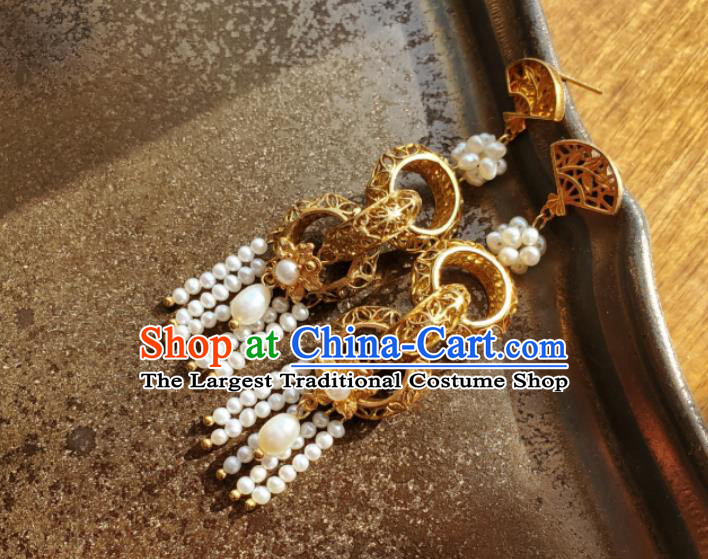 Handmade Chinese Cheongsam Ear Jewelry Qing Dynasty Empress Eardrop Traditional Pearls Tassel Ear Accessories National Golden Rings Earrings