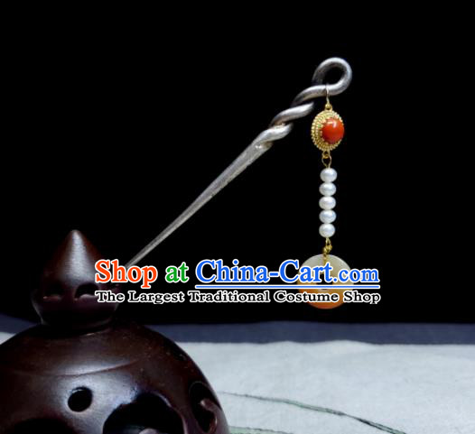 Chinese Traditional Silver Hair Accessories Handmade Qing Dynasty Imperial Consort Hair Stick Ancient Empress Agate Tassel Hairpin