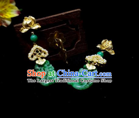 Handmade Chinese Qing Dynasty Court Woman Eardrop Cheongsam Ear Accessories National Jade Carving Dragon Earrings Traditional Lotus Ear Jewelry
