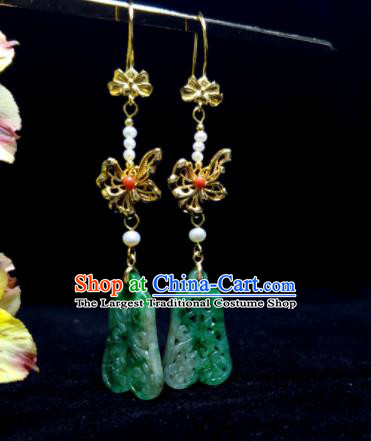 Handmade Chinese Cheongsam Jadeite Ear Accessories National Golden Butterfly Earrings Traditional Ear Jewelry Qing Dynasty Qipao Eardrop