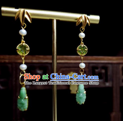 Handmade Chinese National Jadeite Earrings Traditional Ear Jewelry Golden Bamboo Leaf Eardrop Cheongsam Ear Accessories