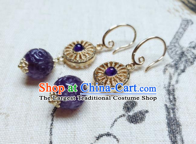 Handmade Chinese Traditional Amethyst Eardrop Cheongsam Ear Jewelry Ear Accessories National Golden Earrings