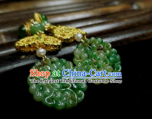 Handmade Chinese National Golden Earrings Traditional Palace Eardrop Cheongsam Ear Jewelry Jadeite Ear Accessories