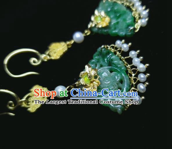 Handmade Chinese Cheongsam Ear Jewelry Jadeite Ear Accessories National Golden Lotus Earrings Traditional Pearls Eardrop