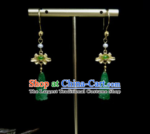 Handmade Chinese Golden Lotus Eardrop Cheongsam Ear Accessories National Jadeite Earrings Traditional Ear Jewelry