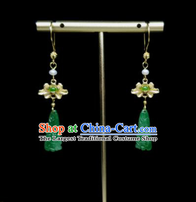 Handmade Chinese Golden Lotus Eardrop Cheongsam Ear Accessories National Jadeite Earrings Traditional Ear Jewelry