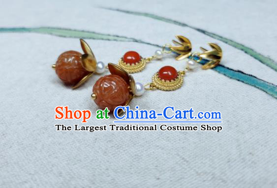 Handmade Chinese National Agate Carving Earrings Traditional Ear Jewelry Qing Dynasty Golden Bamboo Leaf Eardrop Cheongsam Ear Accessories
