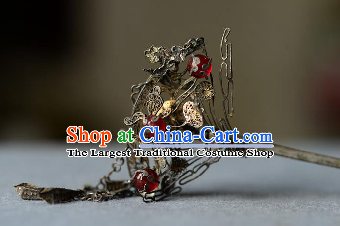 Chinese Traditional Tassel Hair Accessories Handmade Qing Dynasty Silver Hair Stick Ancient Princess Gems Hairpin