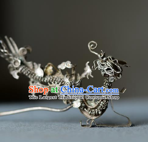 Chinese Handmade Qing Dynasty Filigree Dragon Hair Stick Ancient Empress Silver Hairpin Traditional Vintage Hair Accessories
