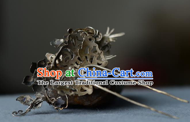 Chinese Ancient Empress Silver Hairpin Traditional Court Hair Accessories Handmade Qing Dynasty Imperial Consort Ruby Hair Stick