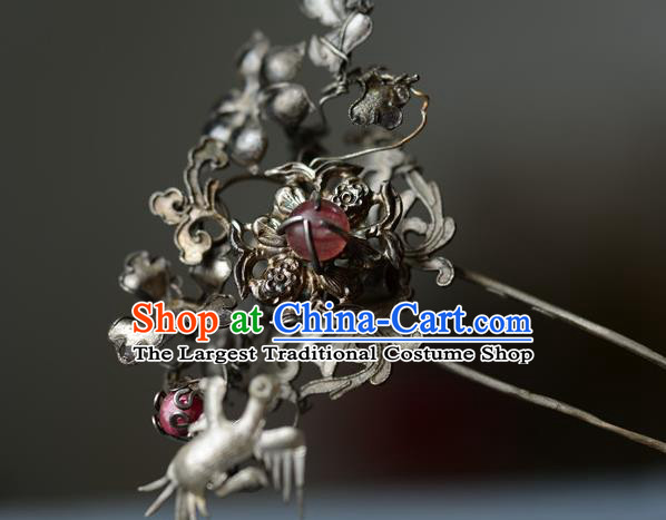 Chinese Ancient Empress Silver Hairpin Traditional Court Hair Accessories Handmade Qing Dynasty Imperial Consort Ruby Hair Stick