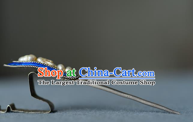 Chinese Handmade Qing Dynasty Imperial Consort Pearls Hair Stick Ancient Court Woman Silver Hairpin Traditional Qipao Cloisonne Hair Accessories