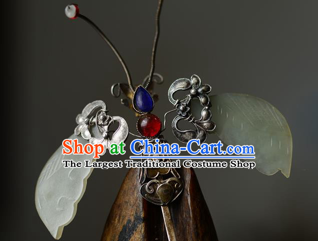 Chinese Traditional Gems Hair Accessories Handmade Qing Dynasty Imperial Consort Jade Hair Stick Ancient Court Woman Silver Butterfly Hairpin
