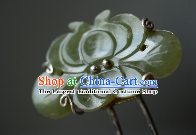 Chinese Ancient Court Woman Jade Peony Hairpin Traditional Hair Accessories Handmade Qing Dynasty Imperial Consort Silver Hair Comb