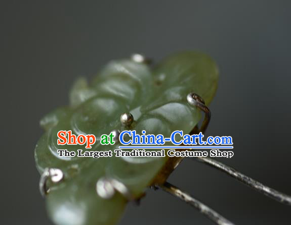 Chinese Ancient Court Woman Jade Peony Hairpin Traditional Hair Accessories Handmade Qing Dynasty Imperial Consort Silver Hair Comb