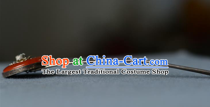 Chinese Ancient Palace Lady Silver Hairpin Traditional Hair Accessories Handmade Qing Dynasty Court Woman Agate Hair Comb