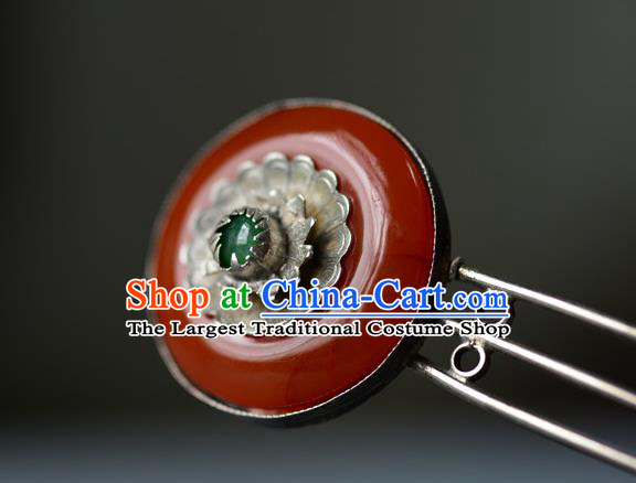 Chinese Ancient Palace Lady Silver Hairpin Traditional Hair Accessories Handmade Qing Dynasty Court Woman Agate Hair Comb
