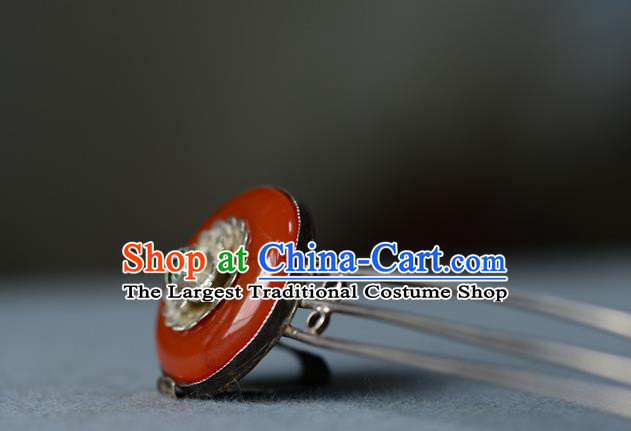 Chinese Ancient Palace Lady Silver Hairpin Traditional Hair Accessories Handmade Qing Dynasty Court Woman Agate Hair Comb