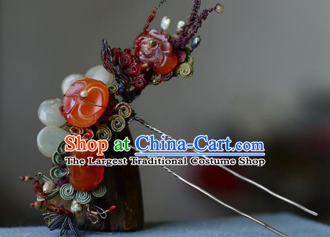 Chinese Handmade Qing Dynasty Court Woman Agate Hair Comb Ancient Empress Silver Hairpin Traditional Jade Hair Accessories