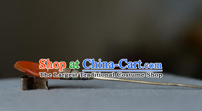 Chinese Traditional Agate Mangnolia Hair Accessories Handmade Qing Dynasty Princess Hair Stick Ancient Palace Lady Cloisonne Silver Hairpin