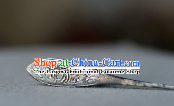 Chinese Ancient Palace Lady Silver Carving Chrysanthemum Hairpin Traditional Hair Accessories Handmade Qing Dynasty Princess Hair Stick