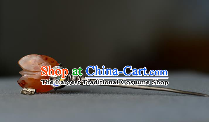 Chinese Handmade Qing Dynasty Court Woman Hair Stick Ancient Imperial Consort Agate Hairpin Traditional Silver Headpiece