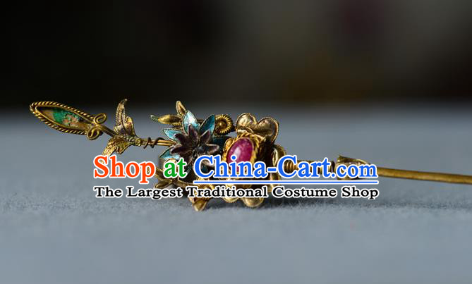 Chinese Traditional Silver Headpiece Handmade Qing Dynasty Court Woman Tourmaline Hair Stick Ancient Imperial Consort Cloisonne Hairpin