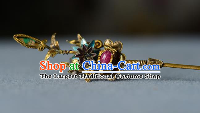 Chinese Traditional Silver Headpiece Handmade Qing Dynasty Court Woman Tourmaline Hair Stick Ancient Imperial Consort Cloisonne Hairpin